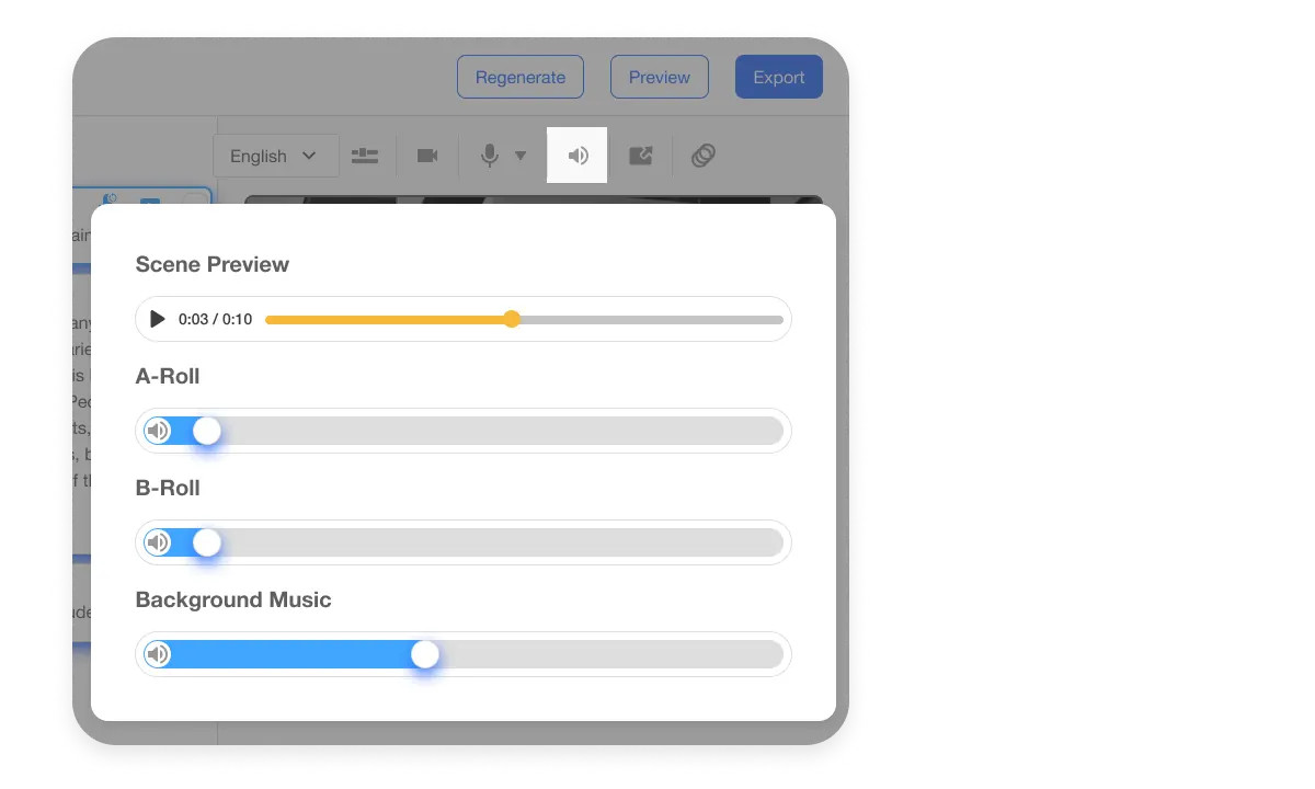 Adjust volume of video with audio control interface showing scene-by-scene and project-wide volume adjustments, including A-Roll, B-Roll, and background music for precise audio management.